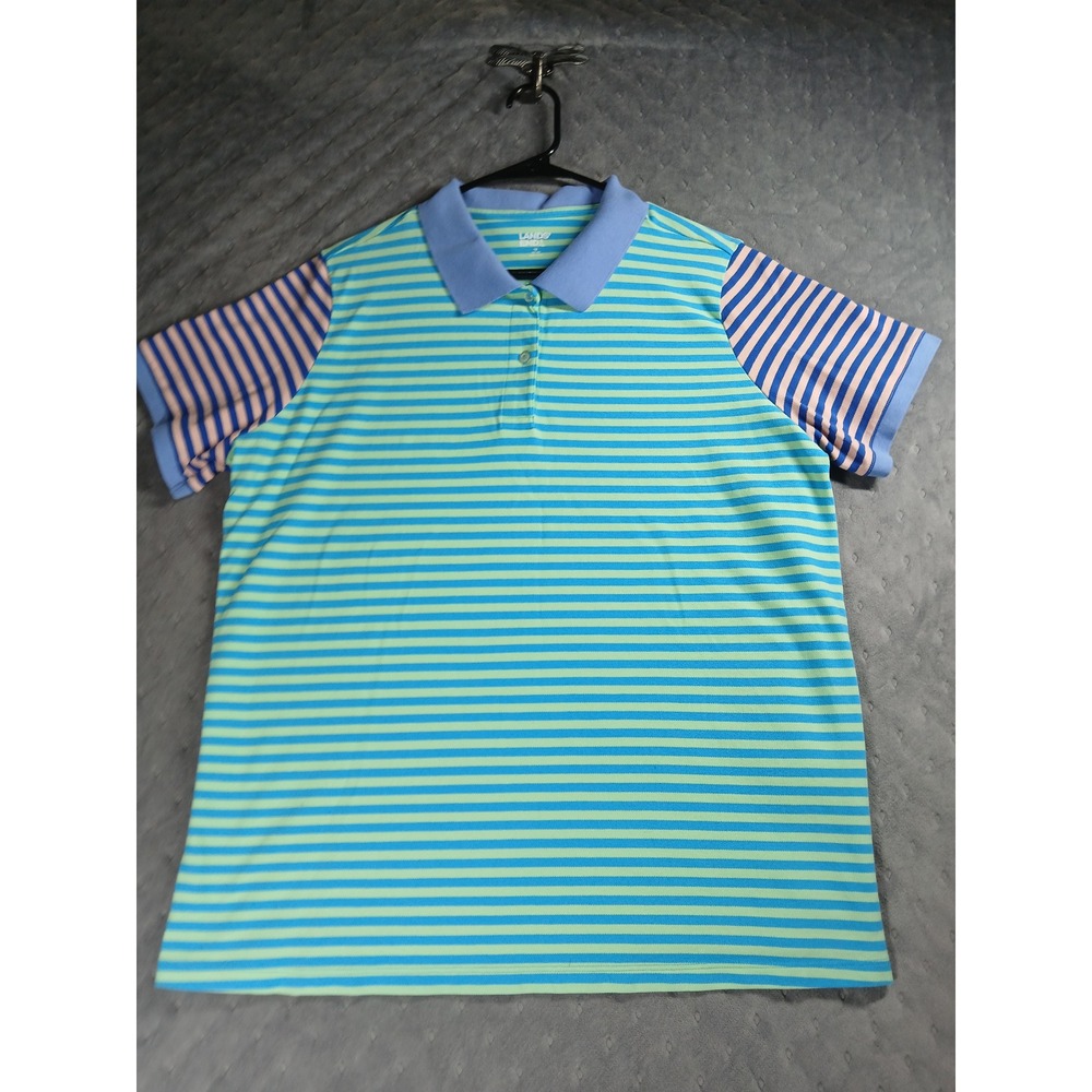 Lands End Mens 1X Striped Polo Shirt Short Sleeve Blue Green Pink Colorblock